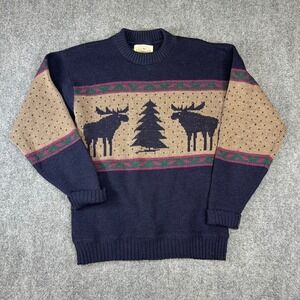Alps Merrimac Valley Mens Medium Wool Moose Tree Knit Sweater Navy Blue Vintage